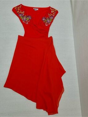 Ritmo di Perla Vintage Bright Coral Embroidered Beaded Bodysuit and Skirt Set